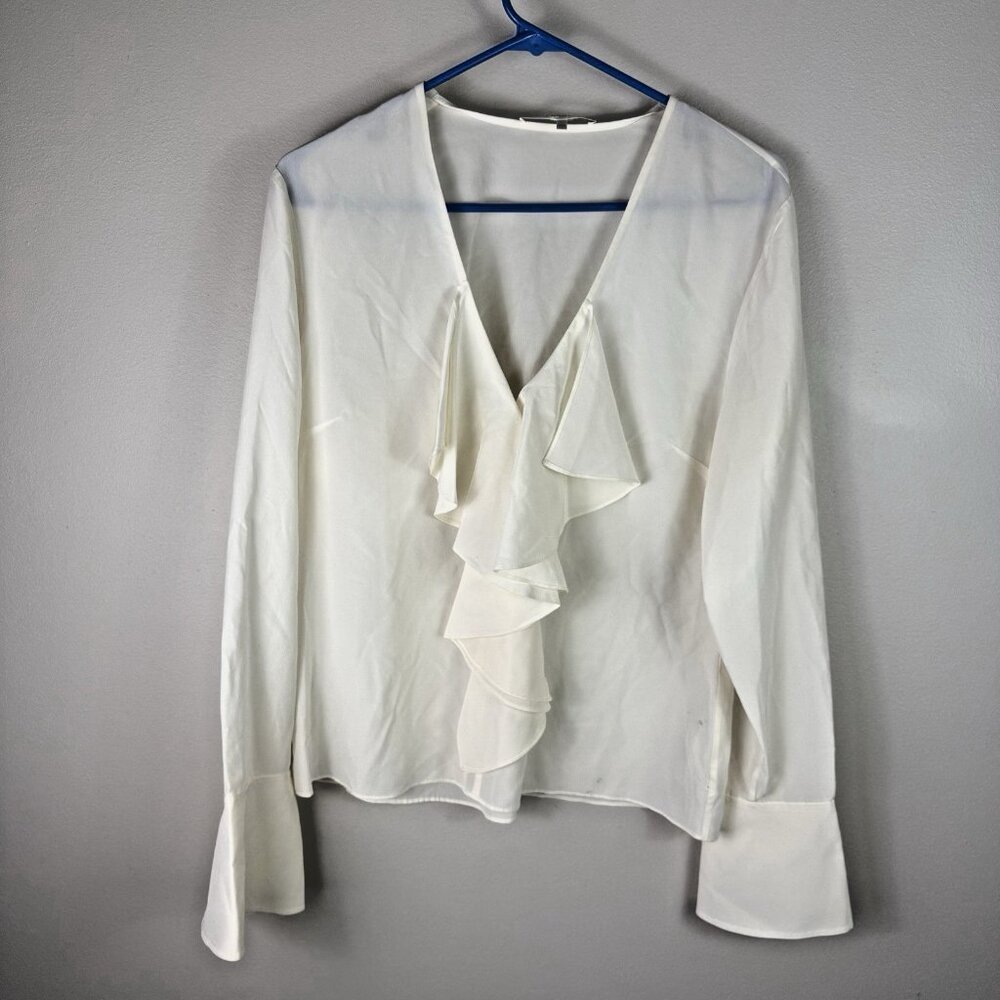 FRAME Silk Ruffle Blouse Cream Medium V Neck Long Sleeve Luxury Designer Top - Picture 2 of 8